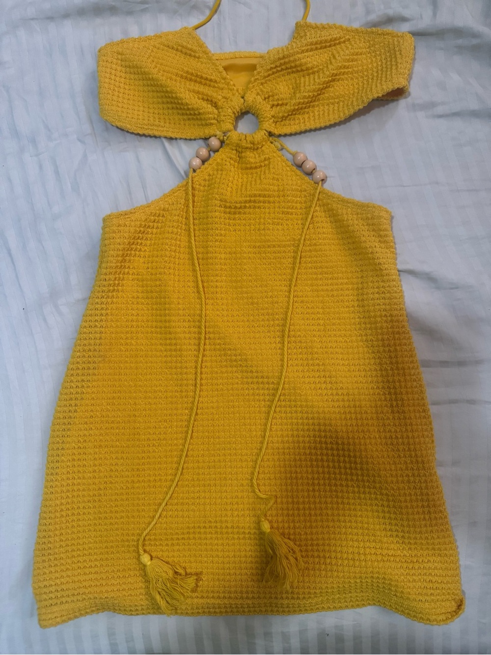 SHEIN Yellow Crochet Halter Mini Dress with Bead Accents